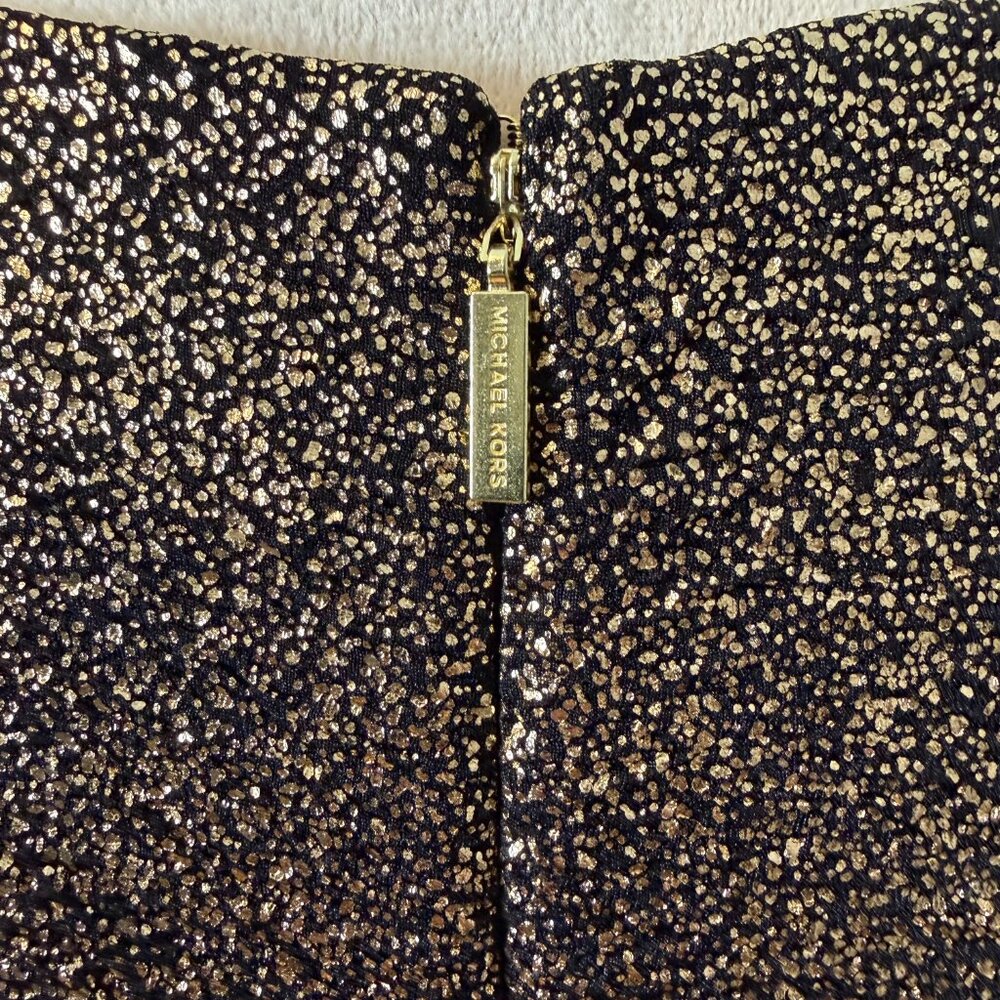 Michael Kors Metallic Black & Gold Flounce Hem Cap Sleeve Fit & Flare Dress, L - Picture 6 of 9